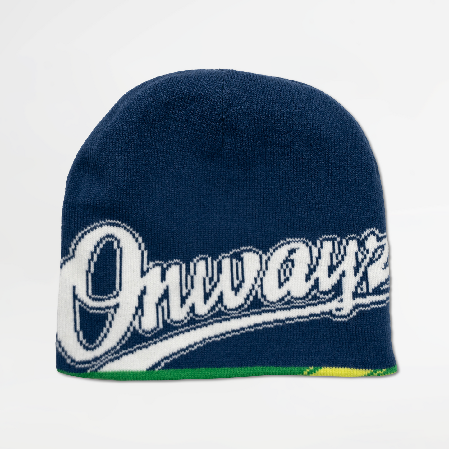 Navy blue beanie with 'Onway' branding on a light gray background
