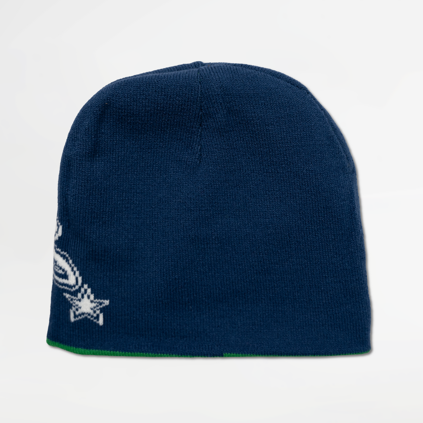 Navy blue beanie with a logo on a light gray background