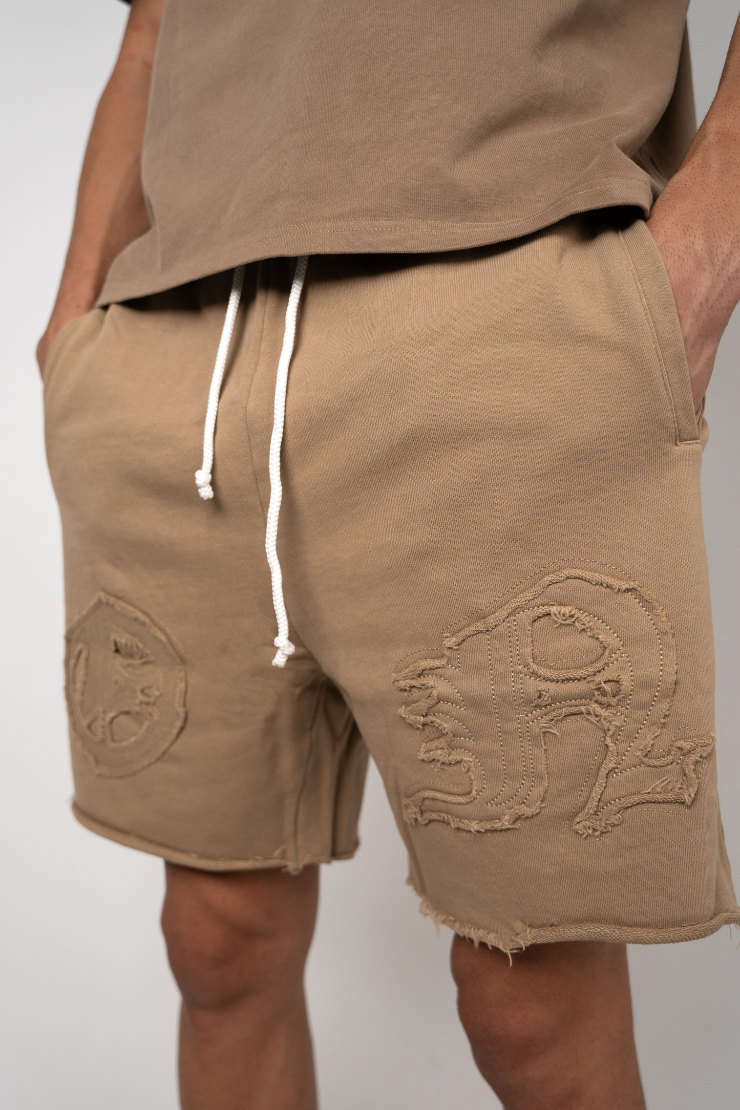 Distressed Applique Shorts - Brown