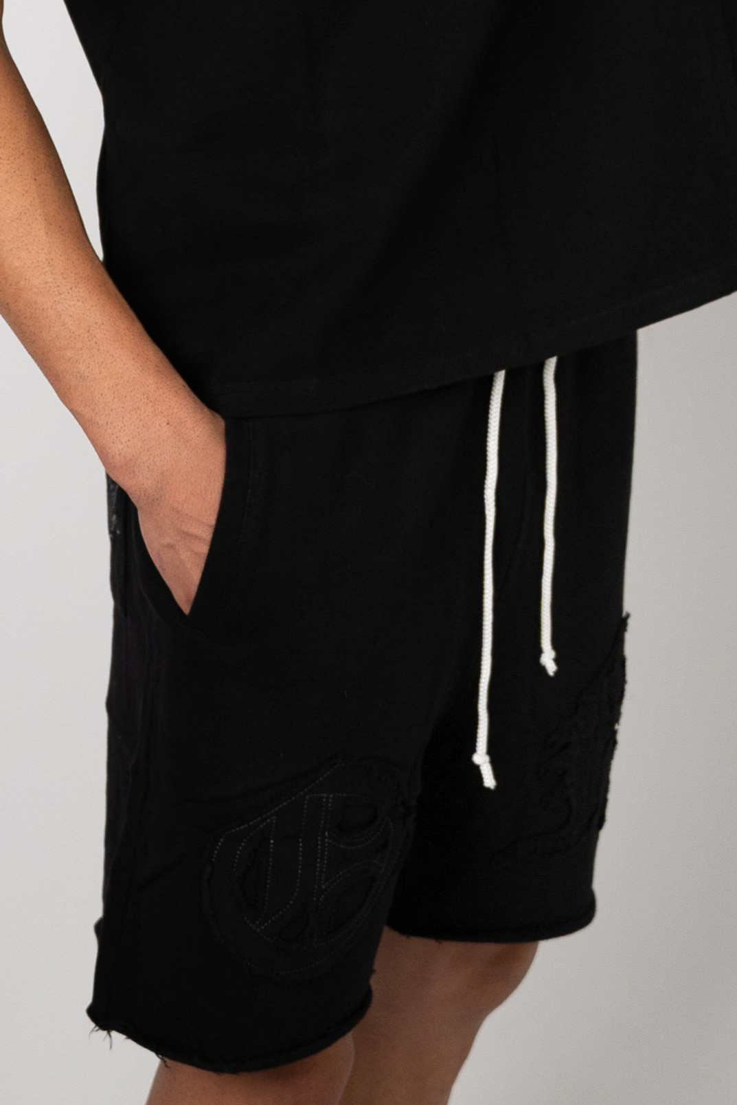 Distressed Applique Shorts - Black