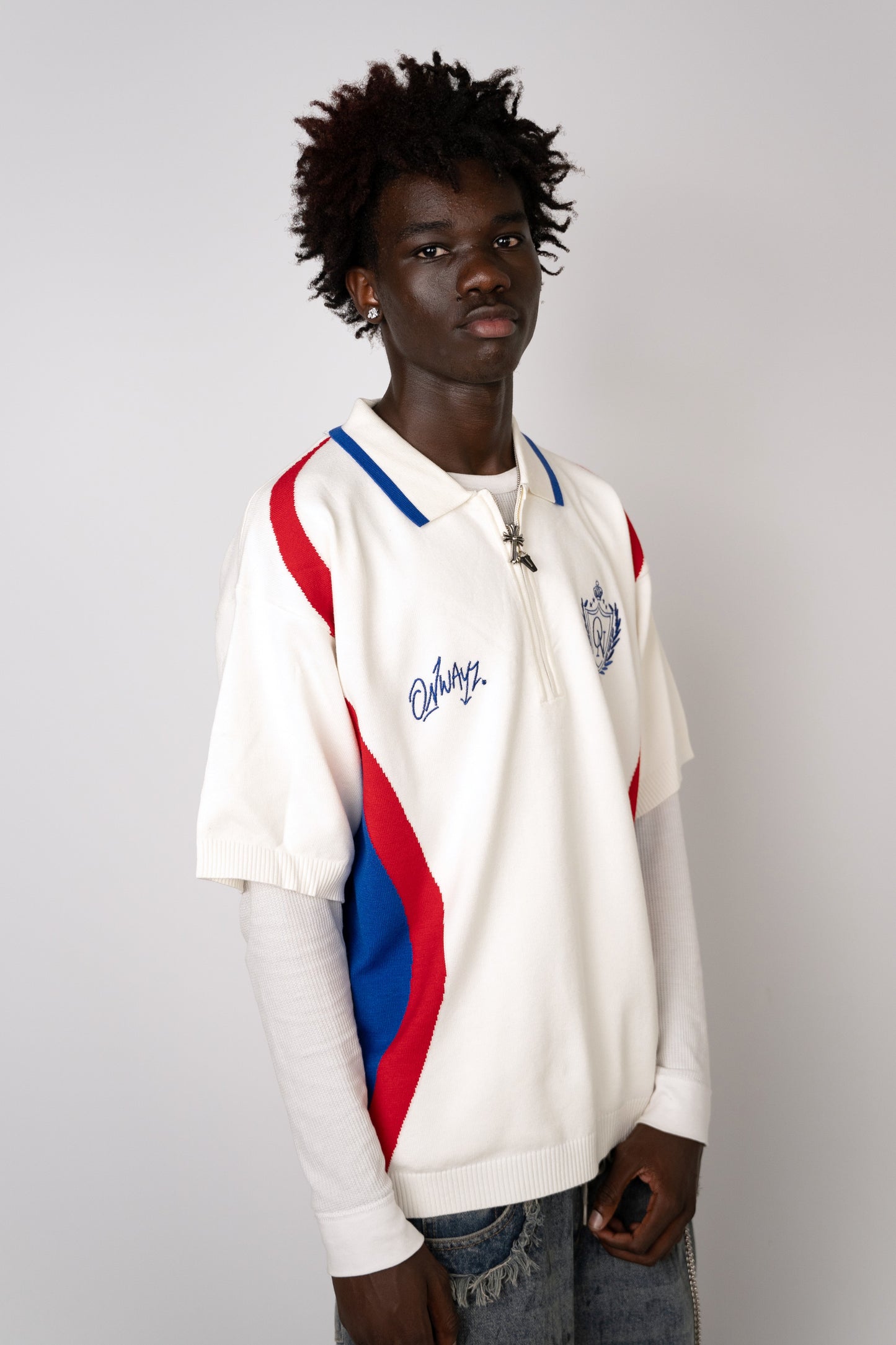 Knitted Polo Shirt - White Red Blue