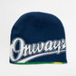 Navy blue beanie with 'Onway' branding on a light gray background