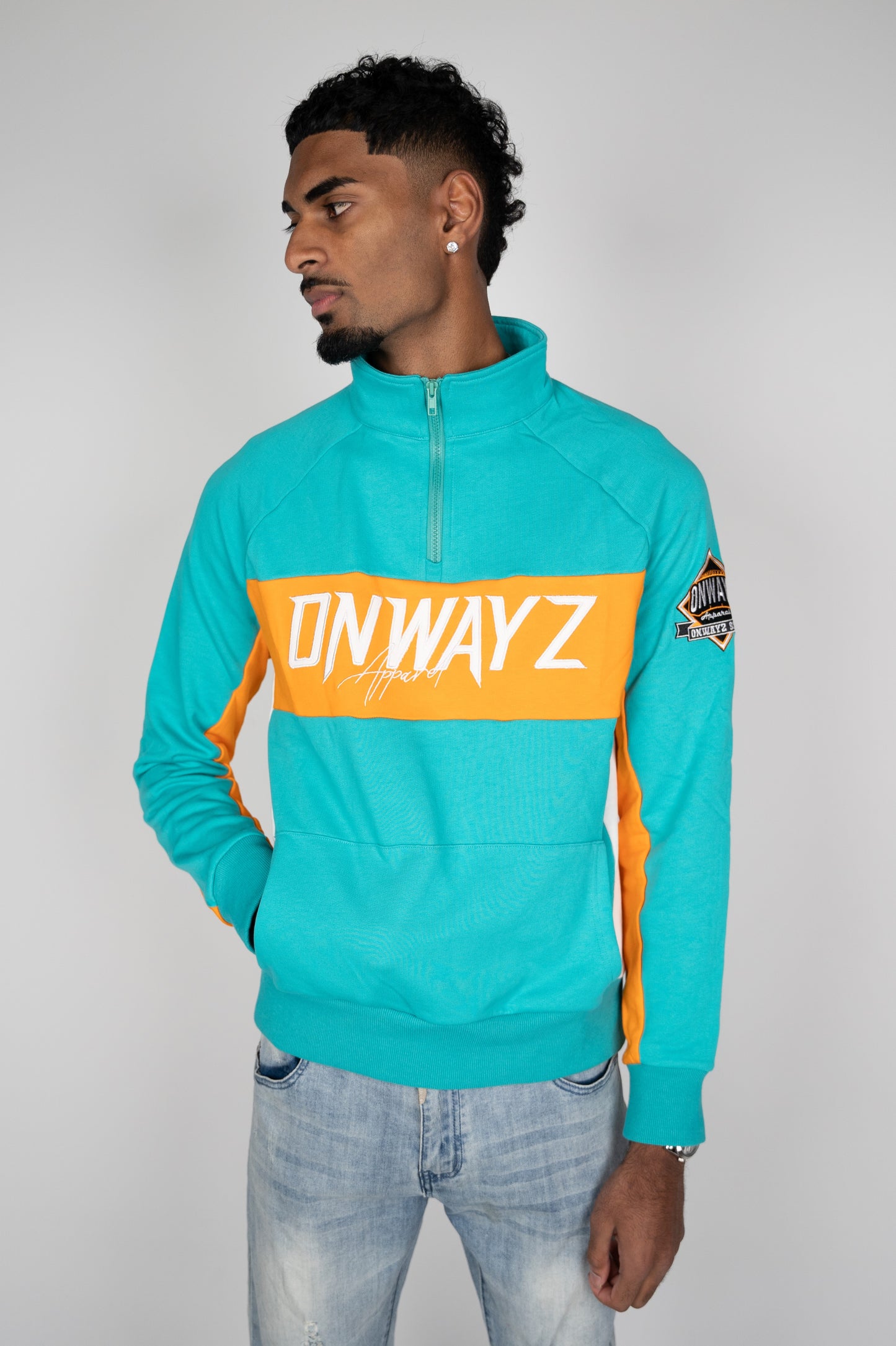 Quarter Zip Sweater - Teal and Orange